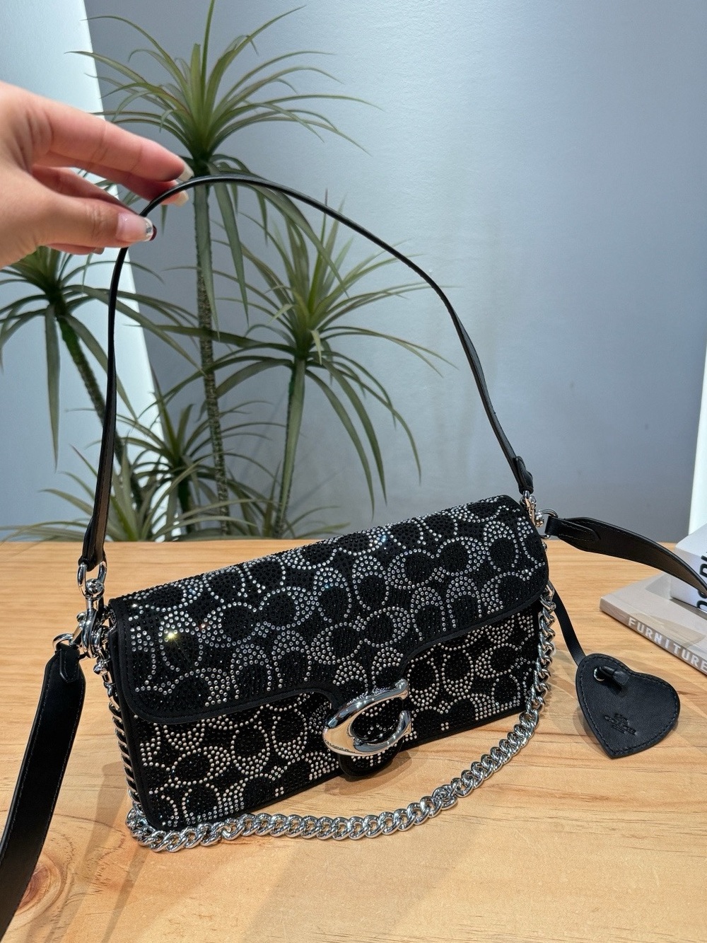 Coach Black Rhinestone-Embellished Shoulder Bag with Silver Hardware